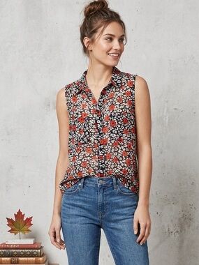 🌸 Sheer Floral Sleeveless Top  Black white and red- Banana Republic 🌸 size (L)